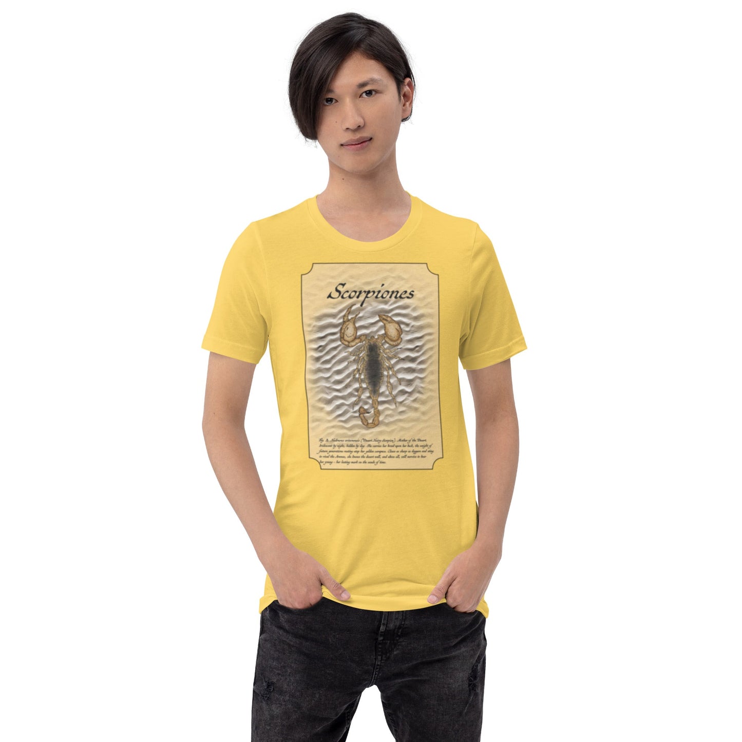 Scorpiones 2024 - Bella Canvas T-Shirt (Yellow) - Desert Hairy Scorpion (Hadrurus arizonensis) - Science Label