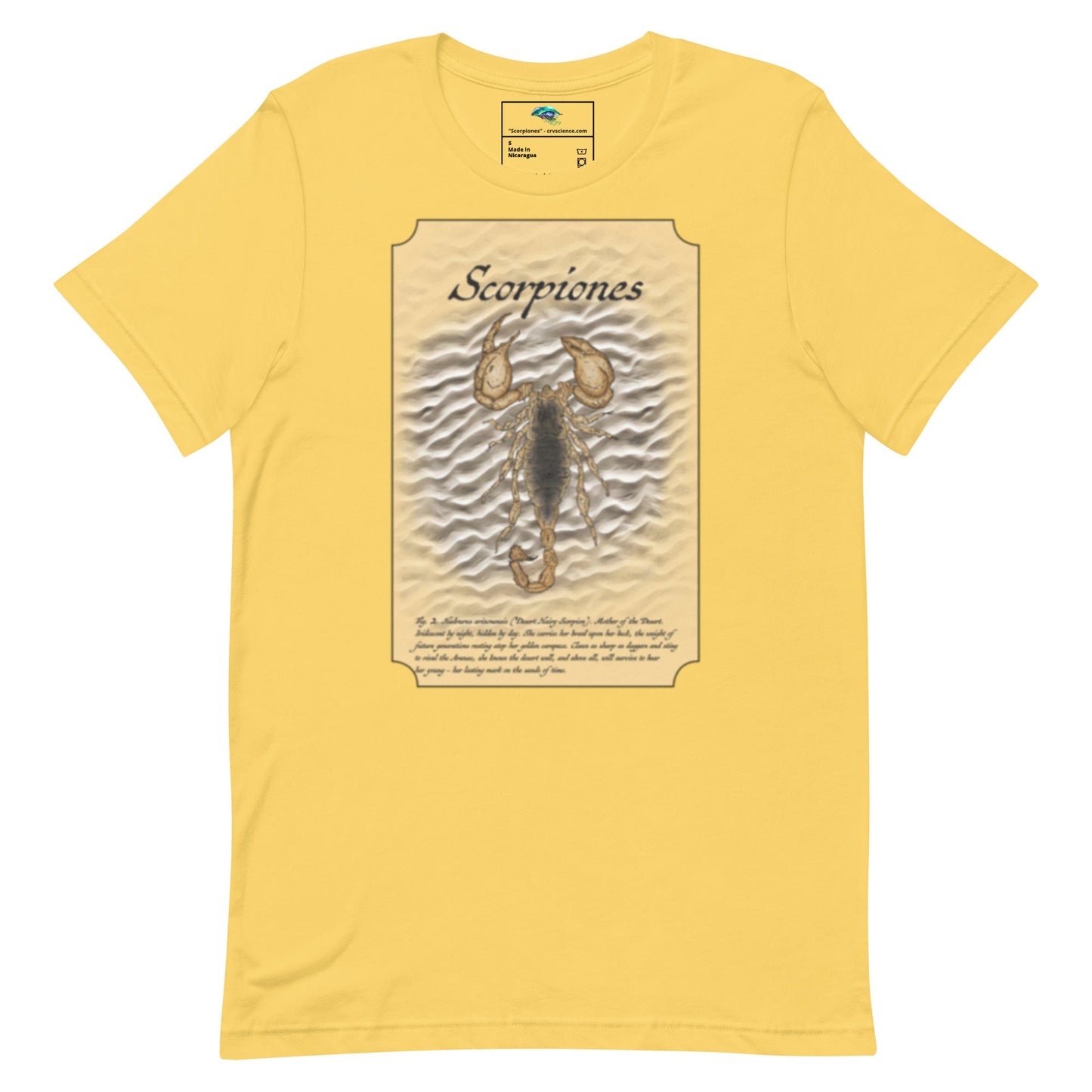 Scorpiones 2024 - Bella Canvas T-Shirt (Yellow) - Desert Hairy Scorpion (Hadrurus arizonensis) - Science Label