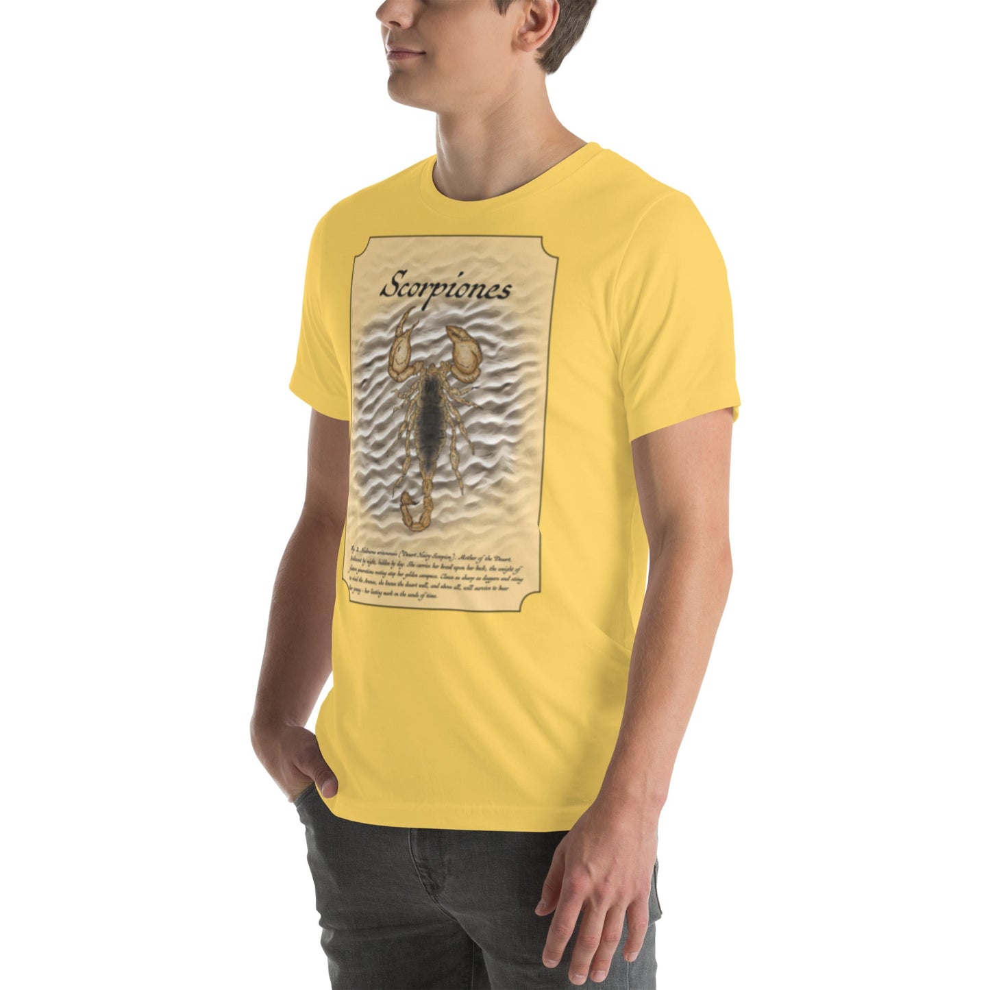 Scorpiones 2024 - Bella Canvas T-Shirt (Yellow) - Desert Hairy Scorpion (Hadrurus arizonensis) - Science Label