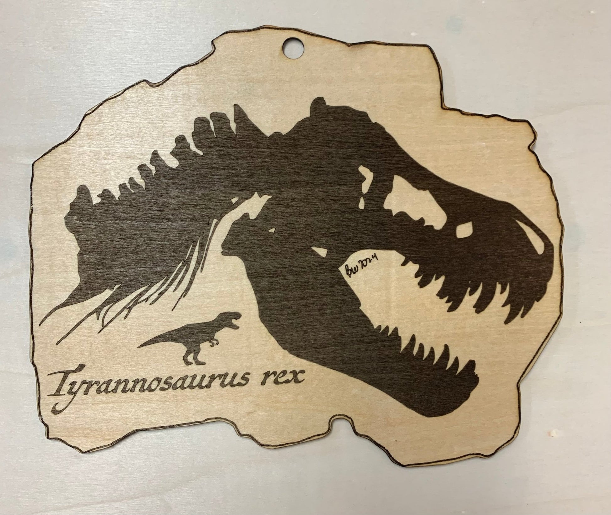 Tyrannosaurus Rex Skull Fossil Laser Etched Wood Print - 3MM Basswood Plywood - Science Label