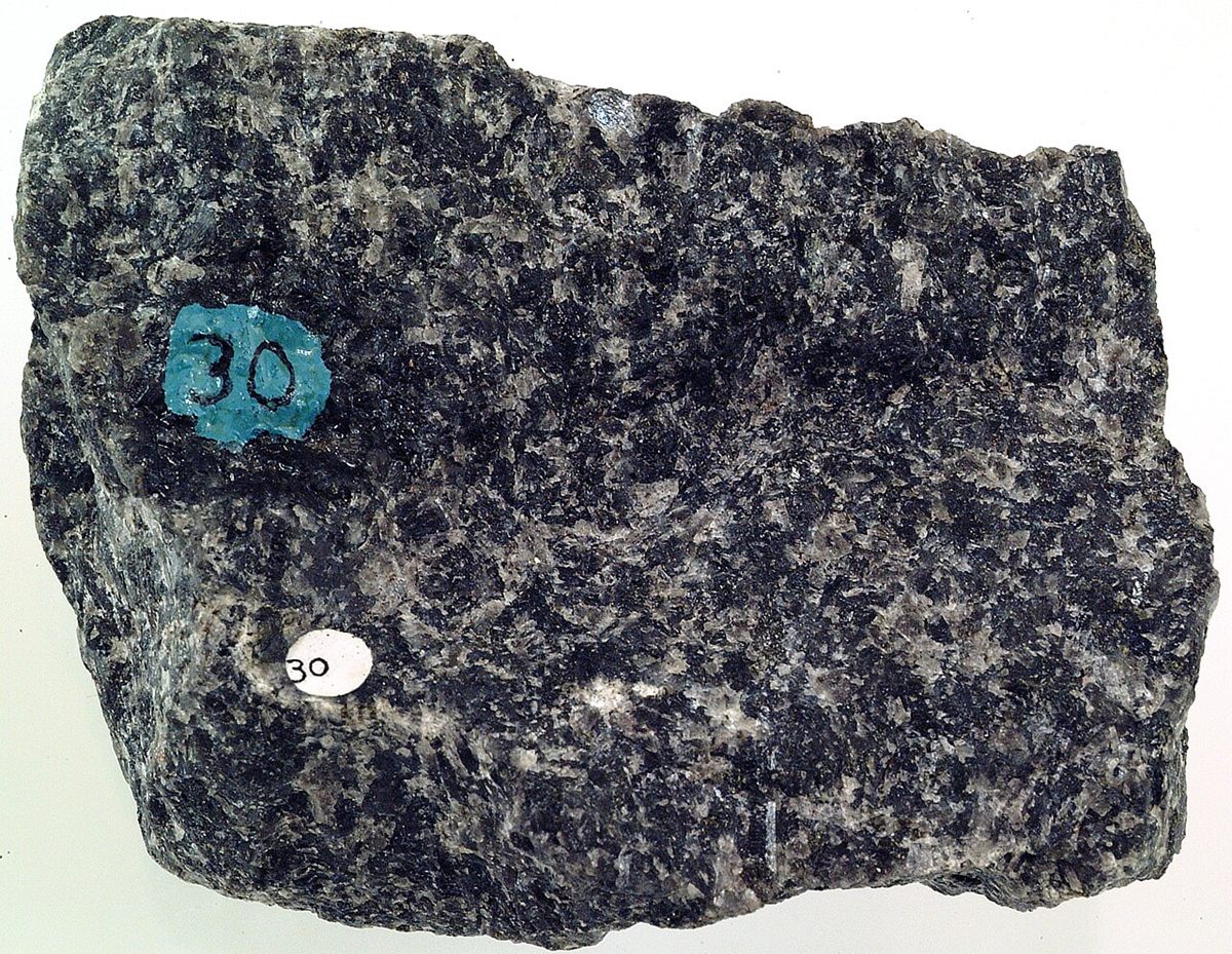 Photograph of Gabbro (Labradorite–Augite Phaneritic Gabbro)