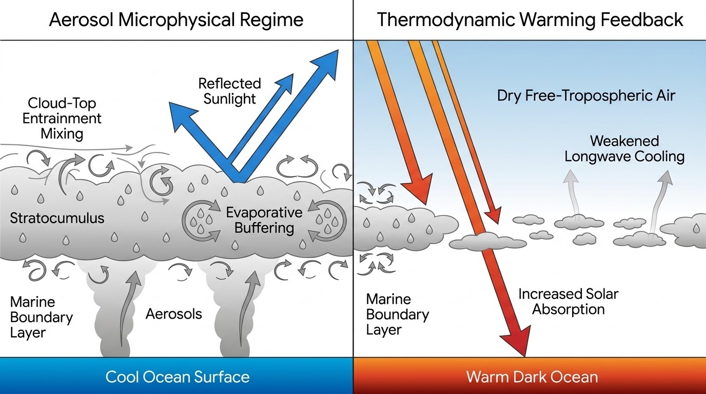 Figure 1: Contrasting shortwave albedo cooling of low marine stratocumulus decks versus longwave greenhouse trapping of high tropical anvil cirrus clouds.